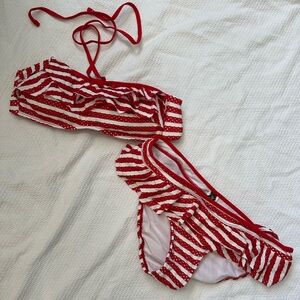 Kenneth Cole Reaction Red & White Striped Ruffle Bikini Swim 2-Piece Size S / M